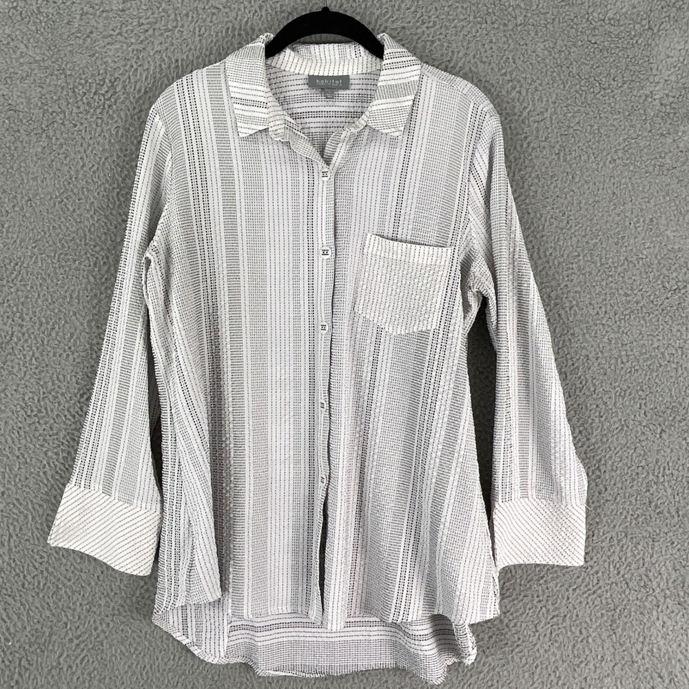 Habitat Button Down Shirt Womens Small White Black Crinkle Stripe Seersucker Top